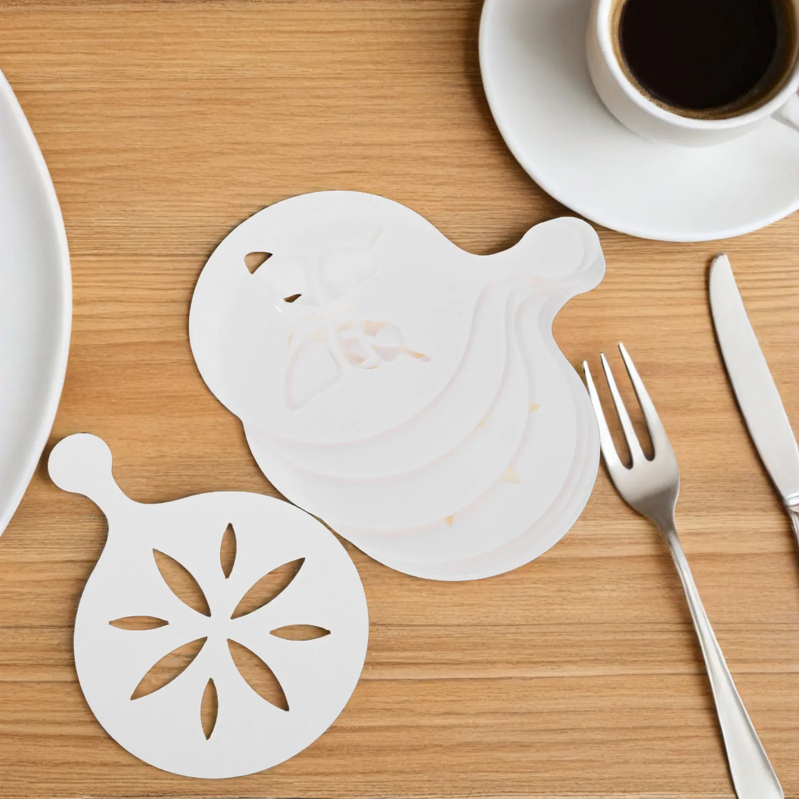 8Pcs Premium Latte Stencils Coffee Art Templates Reusable Plastic Flower Leaves Butterfly Patterns for Cappuccino Cookie Cake
