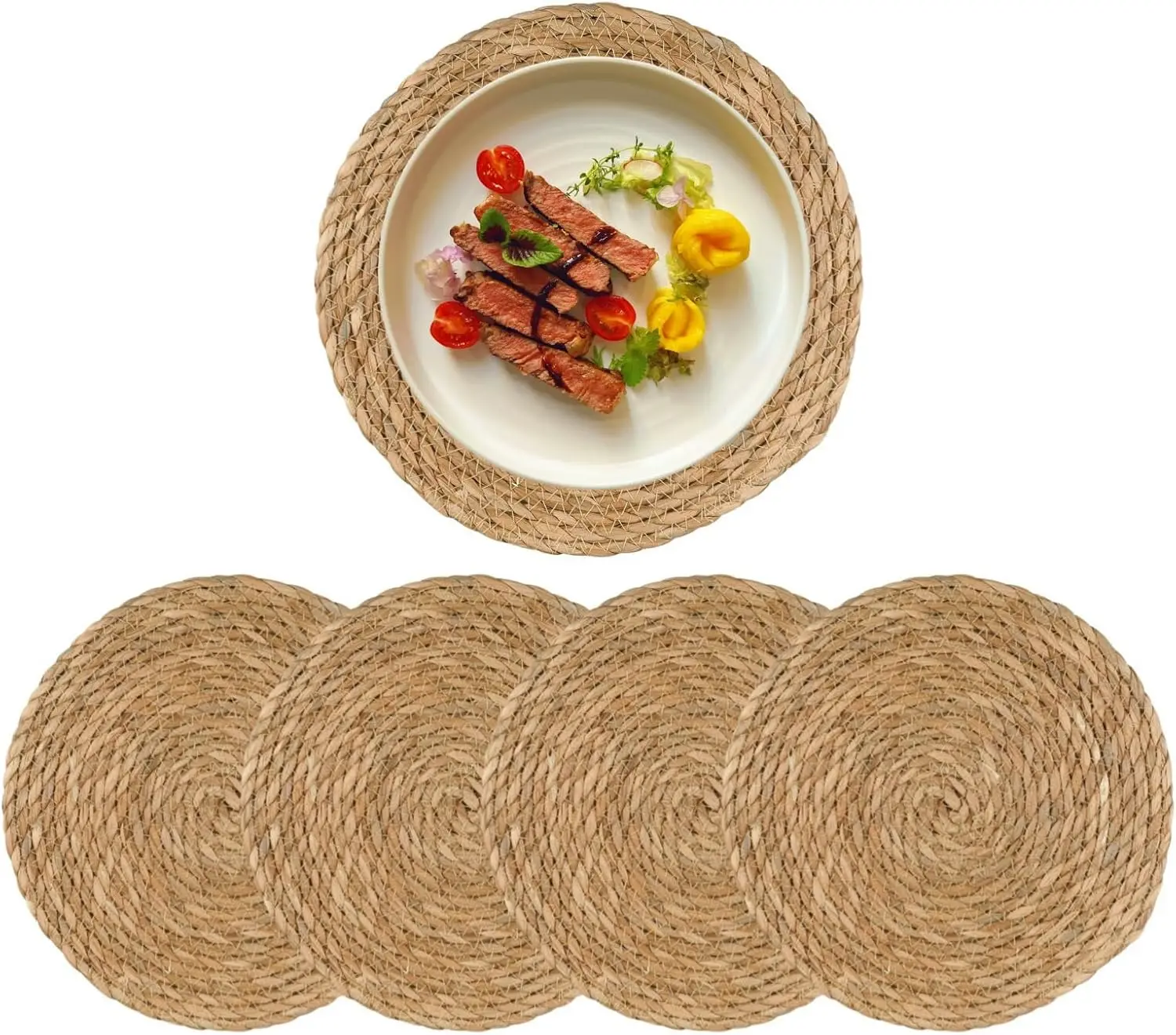 

Round Woven Placemats Set of 4, 12" Boho Rattan Placemats, Natural Hand-Woven Table Decor for Dining