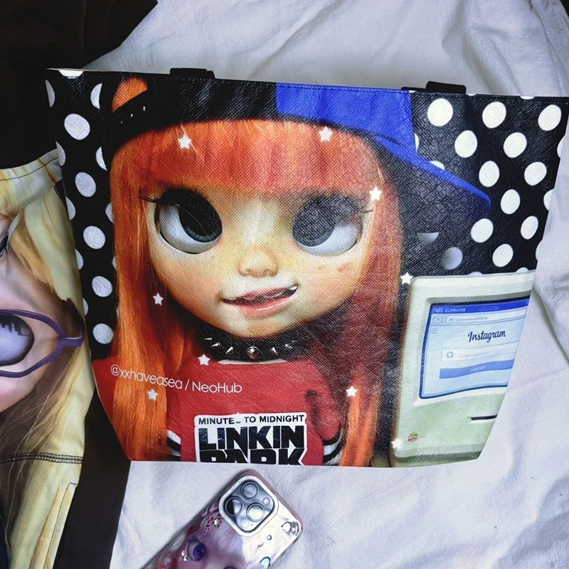 Y2K Cartoon Big Eye Girl Print Tote Bag Double-sided Pattern Large Capacity Shoulder Bag Lightweight Fashion Shopping Handbag