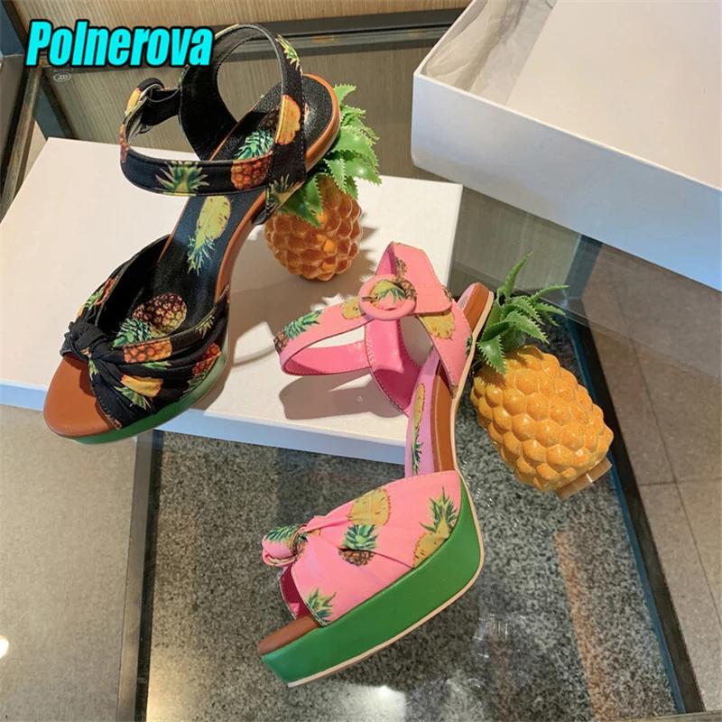Sweet Pineapple Heel Platform Women's Sandals Fashion Printed Fabric Thick Soled High Heels Summer Peep Toe Ankle Buckle Sandals