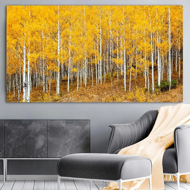 Golden Autumn Birch Forest Canvas Painting  Yellow Tree Landscape Poster Prints for Living Room Wall Decor