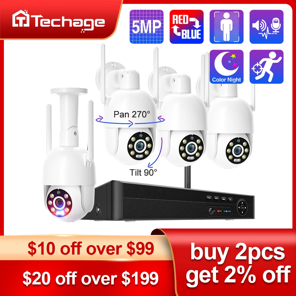 Techage 8CH 5MP WiFi PTZ Camera System H.265 Smart AI Security Set Two-way Audio Humanoid Auto Tracking Colorful Night Vision