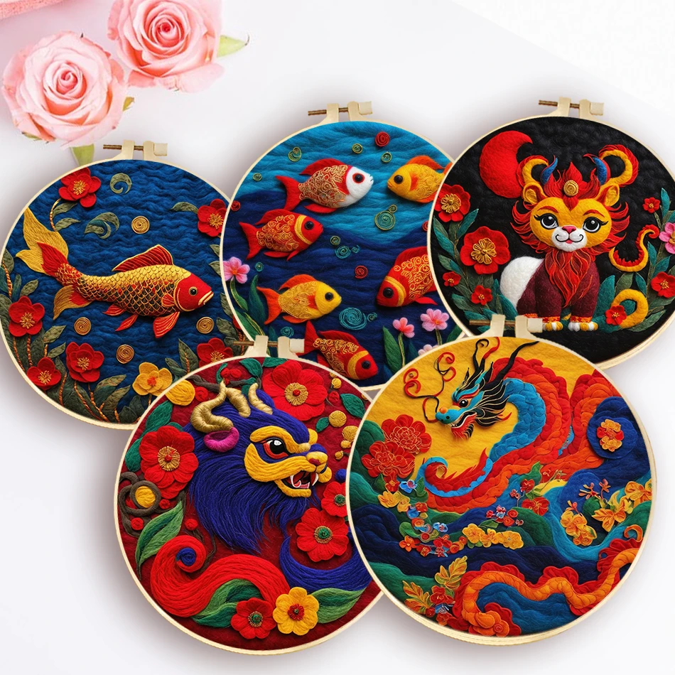 

Dragon Koi Pattern Wool Felting Painting Funny Wool Needle Felt Picture Kit Frame DIY Wool Embroidery Kit Craft Painting Gift