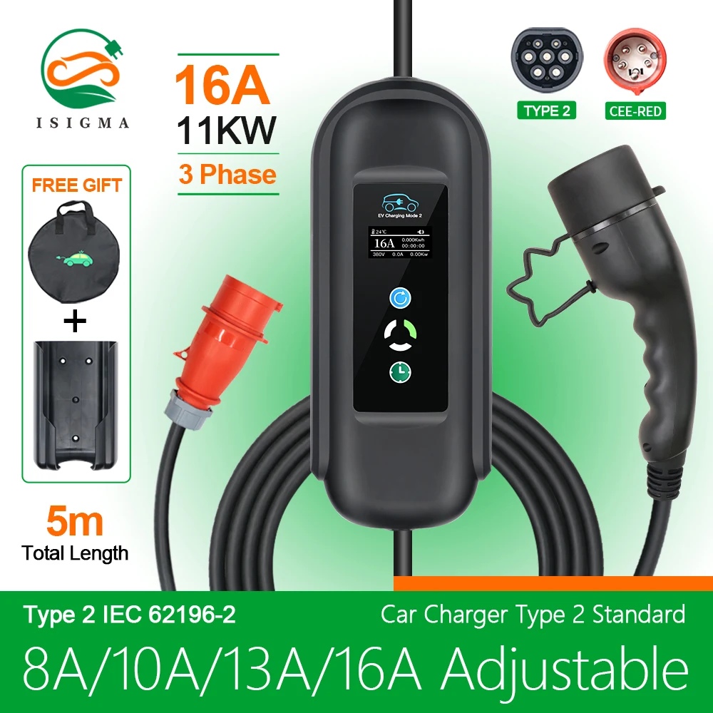 Isigma 16A 11KW Type 2 Portable EV Charger Wallbox  IEC-62169 Standard Charging Timer For Eletric Vehicle Hybrid Cars Cable 5M