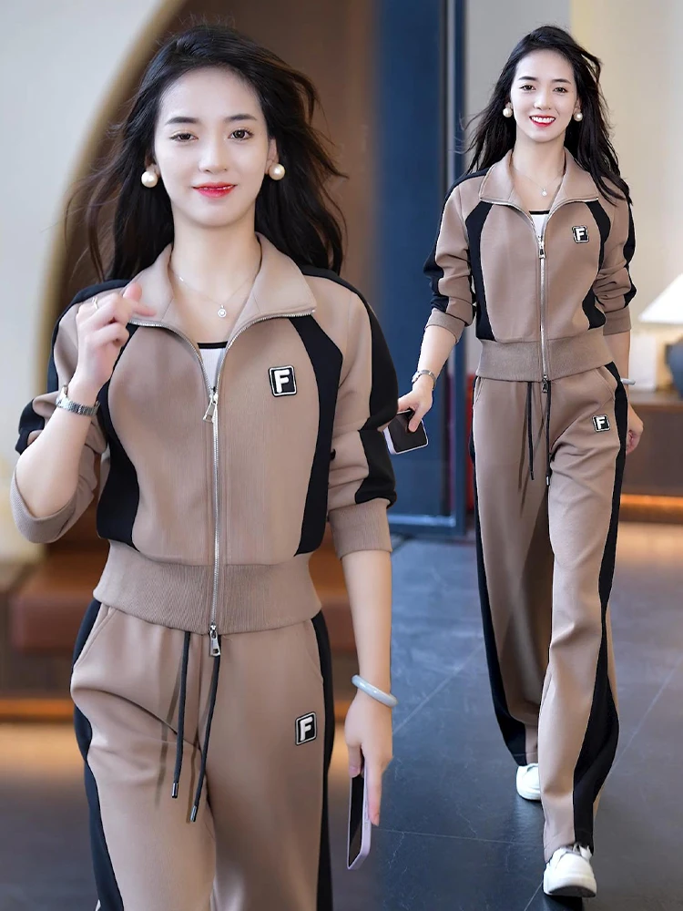 

Модный повседневный комплект спортивной одежды для женщин, осень 2024, маленький размер, слиповой костюм из двух предметов, удобный эластичный костюм против морщин