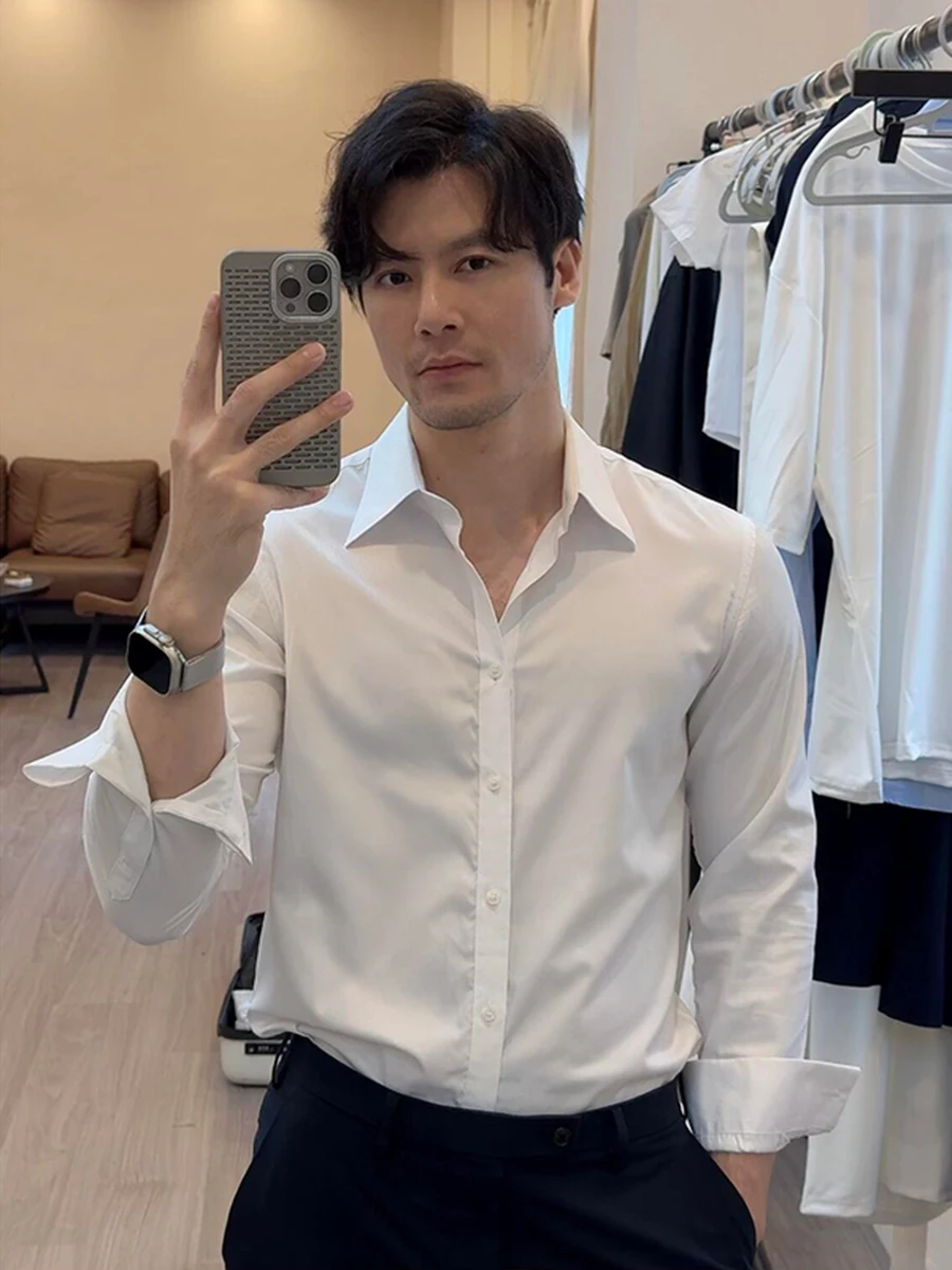 

White Long Sve Men's irt Formal Wear Mature Sle Inner Layer Top Cleanfit Autumn Winter Faionable Casual Busin Suit