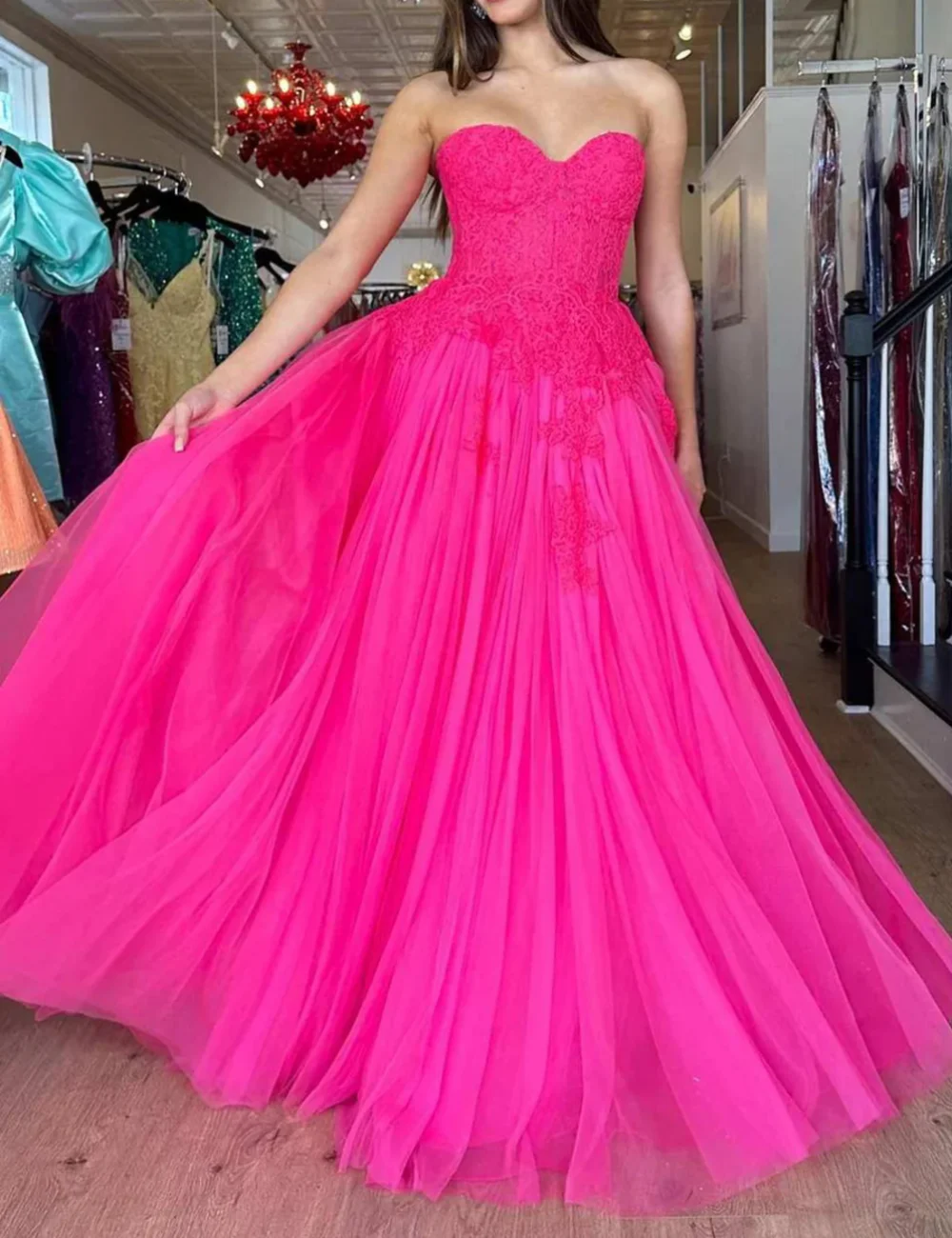 Vestido largo fucsia sin mangas para mujer, traje De Fiesta con escote en forma De corazón, cola De barrido