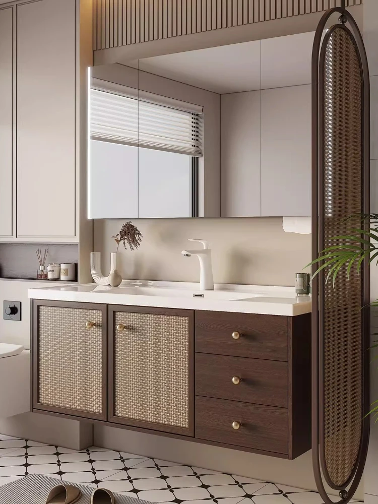 

Medieval style bathroom cabinet ceramic integrated basin rattan wash basin cabinet combination washstand