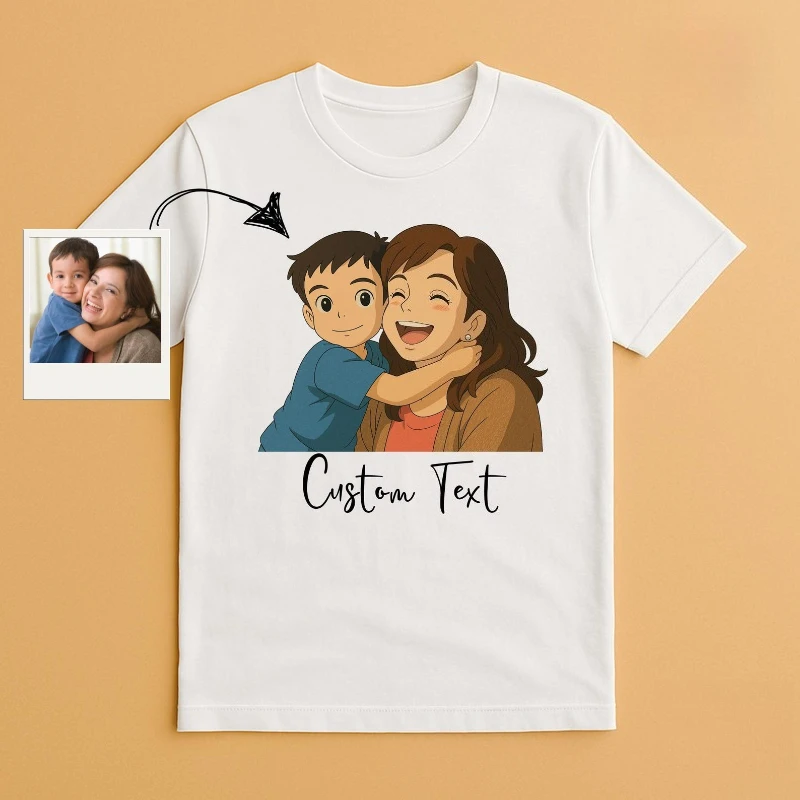 Kids Personalized Anime Portrait T Shirt with Custom Text Cartoon Style Family Drawing TShirt Gift for Mom Dad From Photo Custom
