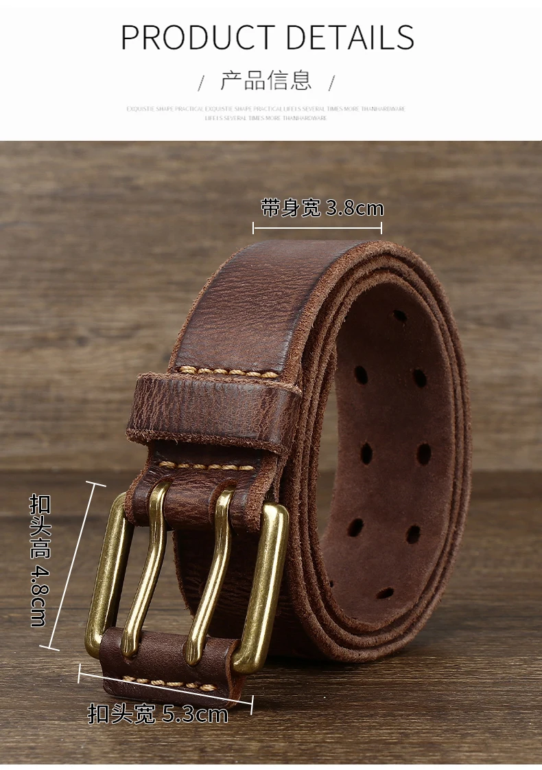 Belt For Men Leather Work Heavy Duty Double Buckles Dlawed Genuine Leather 3.8cm Male Copper Buckle Retro Brown Men's Belt
