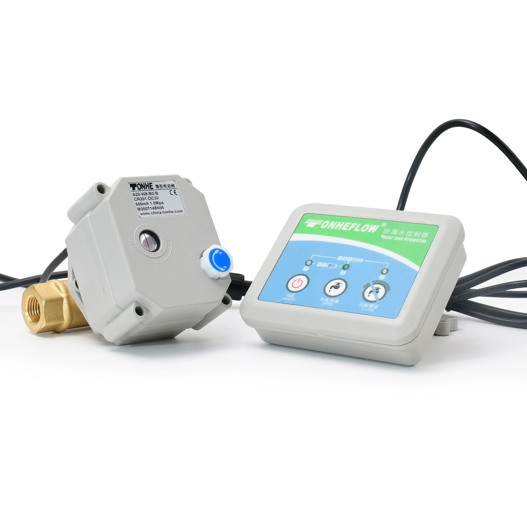 W22 Battery Powered Water Leak Detector with Shut Off Brass BALL Valve Whole House Leak Protection DN15 DN20 DN25 DN32