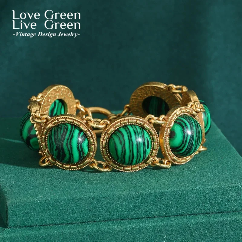 

Vintage Round Stone Bracelets Natural Green Charm For Woman Palace Style Gold Color Handmade Inlaid Jewelry Wholesale 2025 New