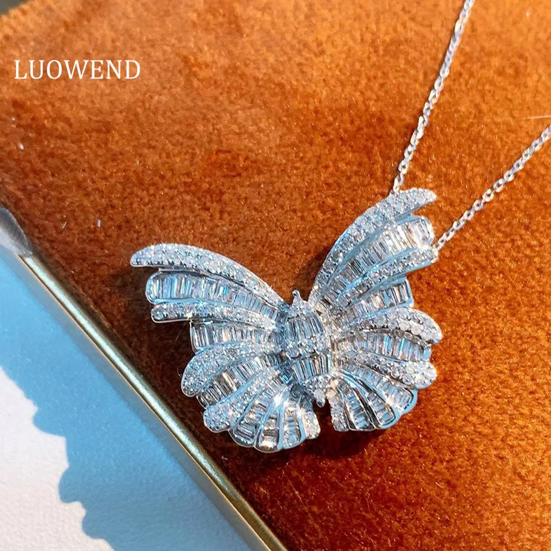 

LUOWEND 18K White Gold Necklace Real Natural Diamond Pendant Women Luxury Engagement Necklace Butterfly Shape