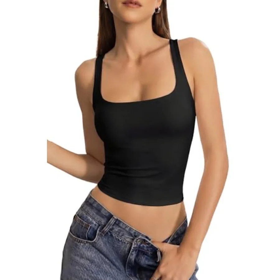 

QINSEN Womens Tank Tops with Built in Bras Square Neck Double Lined Basic Sleeveless Workout Tops