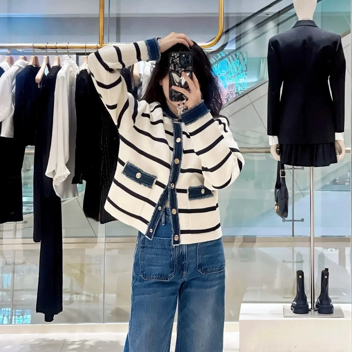

High-End Version Color Blo Design Denim Patchwork Knitted Open Cardigan Top Outerwear for Women round Ne Spring Season