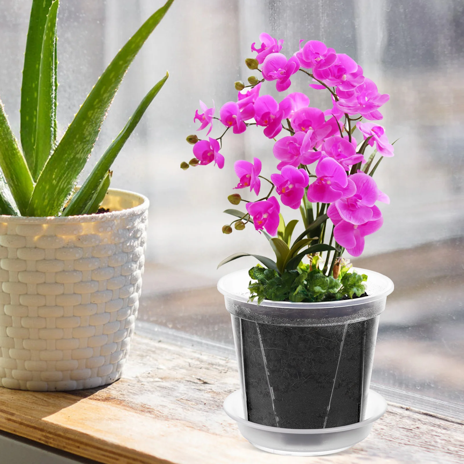 

5 pcs Clear Plastic Flower Orchid Pots With Drainage Holes Transparent Nursery Planting Pots Indoor Garden Saucer Set Containers
