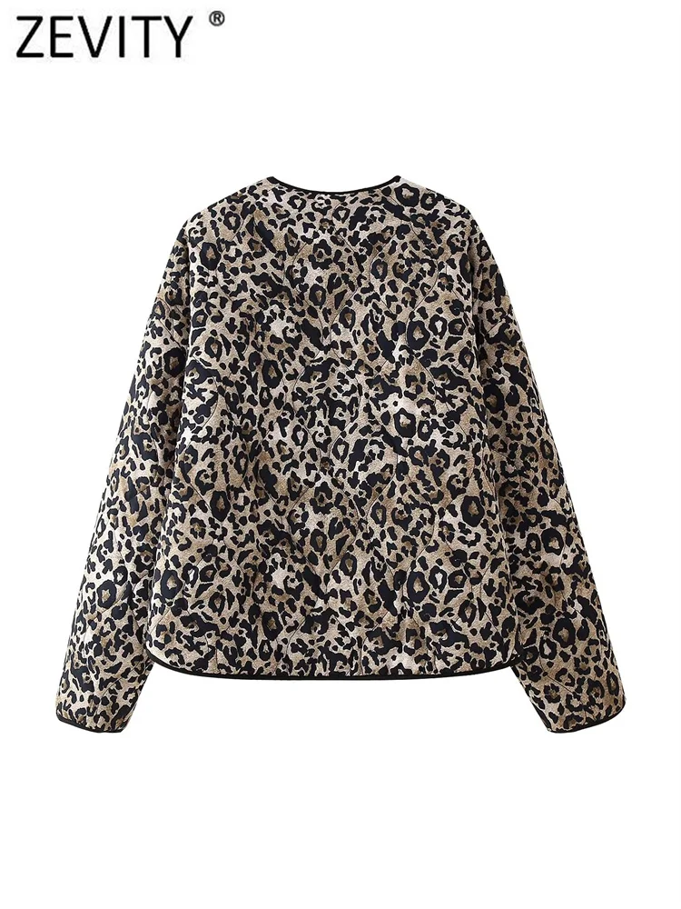 ZEVITY-Chaqueta de algodón acolchada con estampado de leopardo para mujer, abrigo ajustado de manga larga con botones, Estilo Vintage, CT6287, 2024