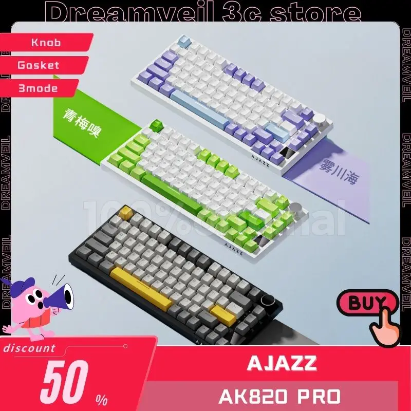 In Stock Ajazz Ak820 pro 3mode Mechanical Keyboard Gaming Keyboard Gasket Multifunctional Knob Rgb TFT Screen Gamer Keyboards