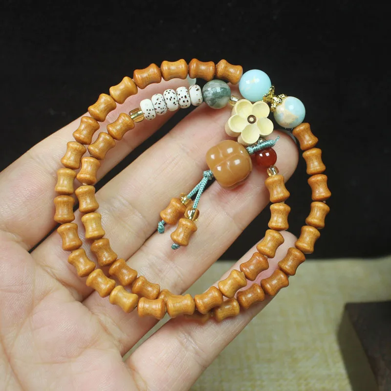 Wooden Bamboo Double Ring Bracelet Lucky Persimmon Pendant Bracelet Collectables-Autograph Rosary