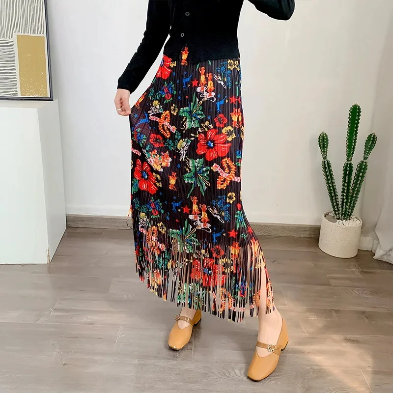 

Women's Miyake Pleated Vintage Flower Printed Tassels Skirt Summer New Fashion Casual Elegant Causal Fringe Long Pleated kirts