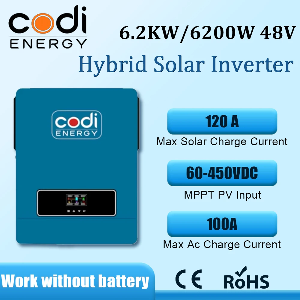 Hybrid Inverter 48V 6.2KW 6 KW 6200W Pure Sine Wave 500VDC PV Maximum DC Voltage MPPT Inversor Build In 120A Solar Controller