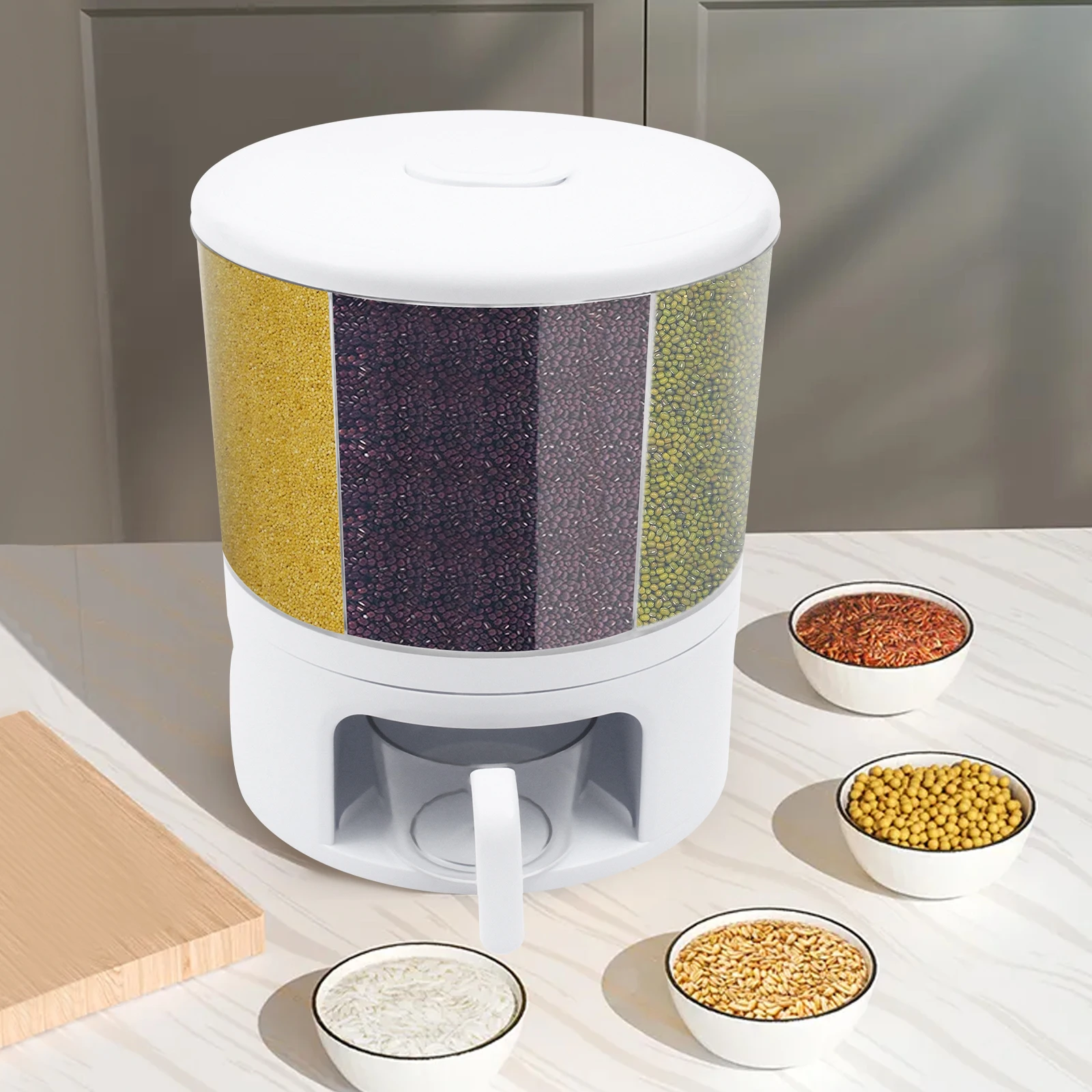 

6 Grids 360 Degree Rotating Cereal Dispenser Countertop Dry Food Grain Rice Storage Container Tank Kitchen Organizer Seal