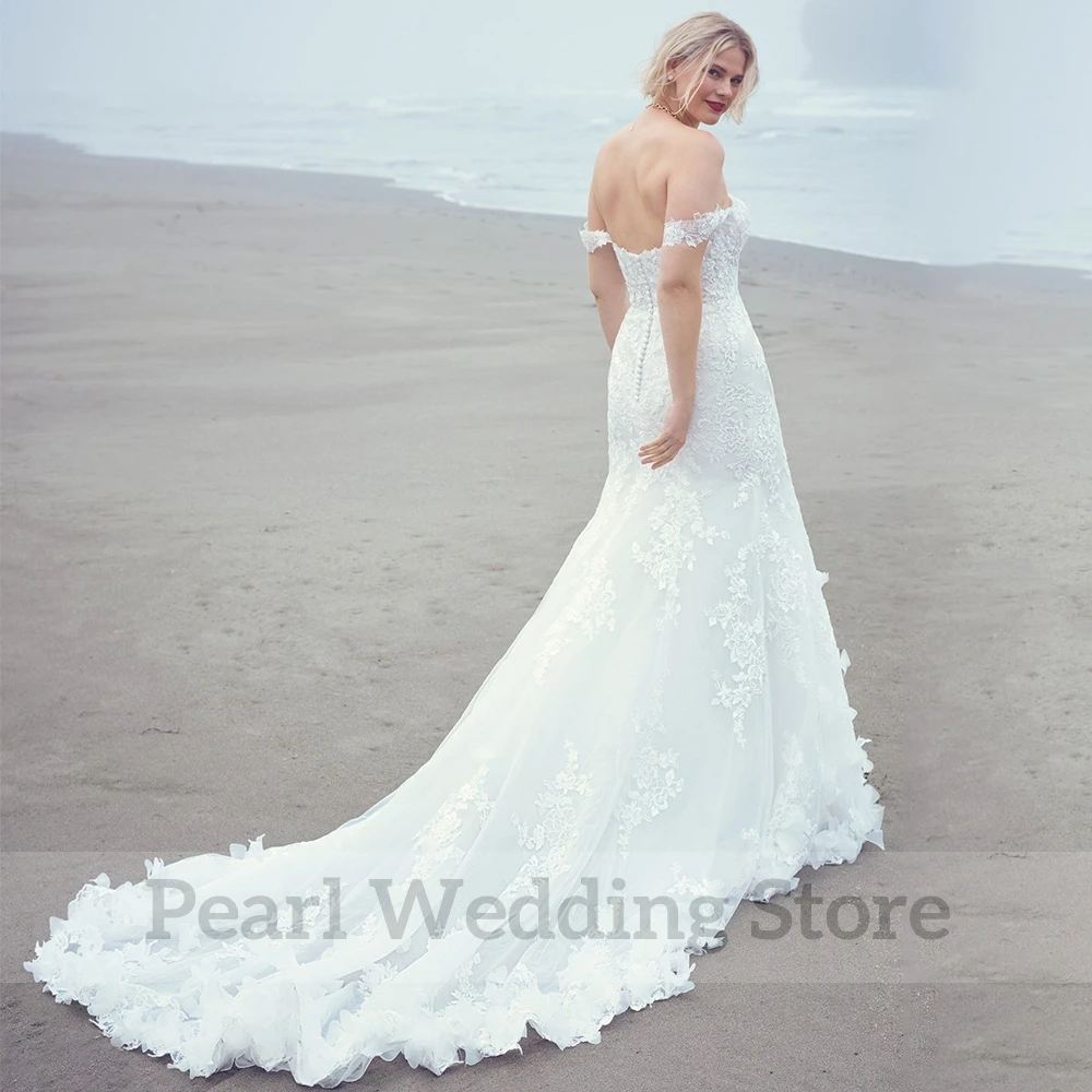 Gorgeous Off the Shoulder Applique Wedding Dress Classic Sweetheart Short Sleeve Mermaid Floor Length Bridal Sweep Train Gowns