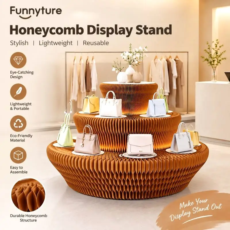 Foldable 3-Tier Round Display Stand with LED Light Eco-Friendly Space-Saving Island Display Table for Home Furniture Decor
