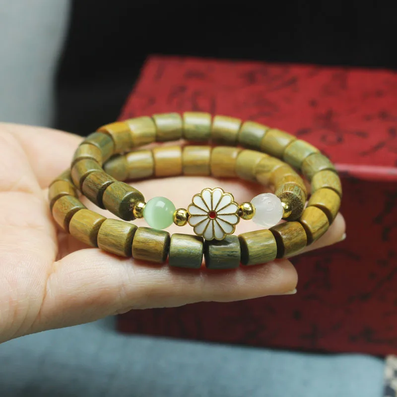 Green Sandalwood Barrel Bead Double Layer Bracelet with Daisy Charms Women's Prayer Beads Jewelry Gifts