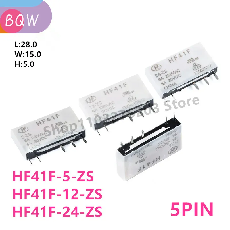 5Pcs HONGFA Relay HF41F-5-ZS HF41F-12-ZS HF41F-24-ZS HF41F 5V 12V 24V ZST 5Pin 6A 5V 12V 24V Industrial Relay