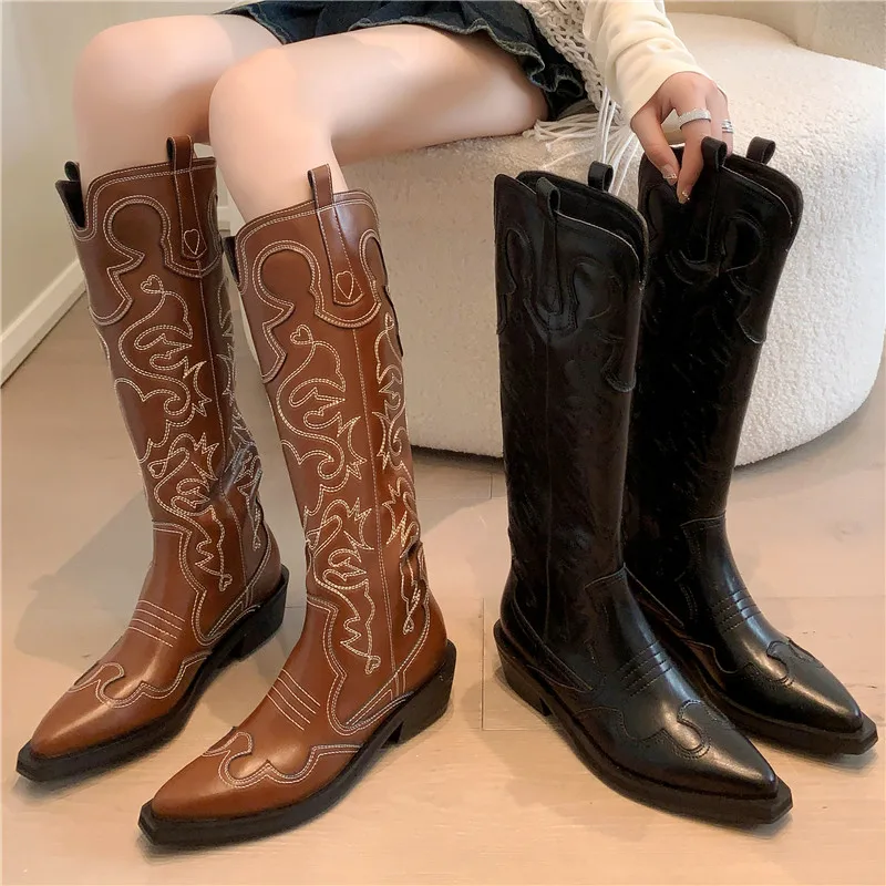 Retro Embroidered Women\'s Western Boots Autumn And Winter New Cowhide Square Head Thick Mid Heel Women\'s Knee Long Knight Boots