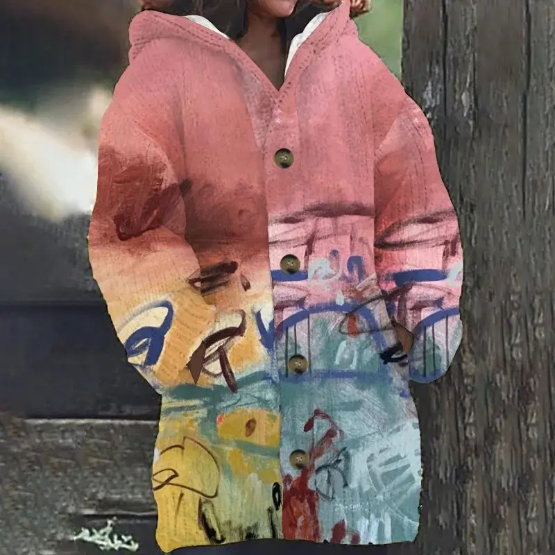 

Модный цифровой принт с креативными пуговицами, женский открытый кардион яркий Tead Coolmax Fiber, зимний женский вязаный свитер