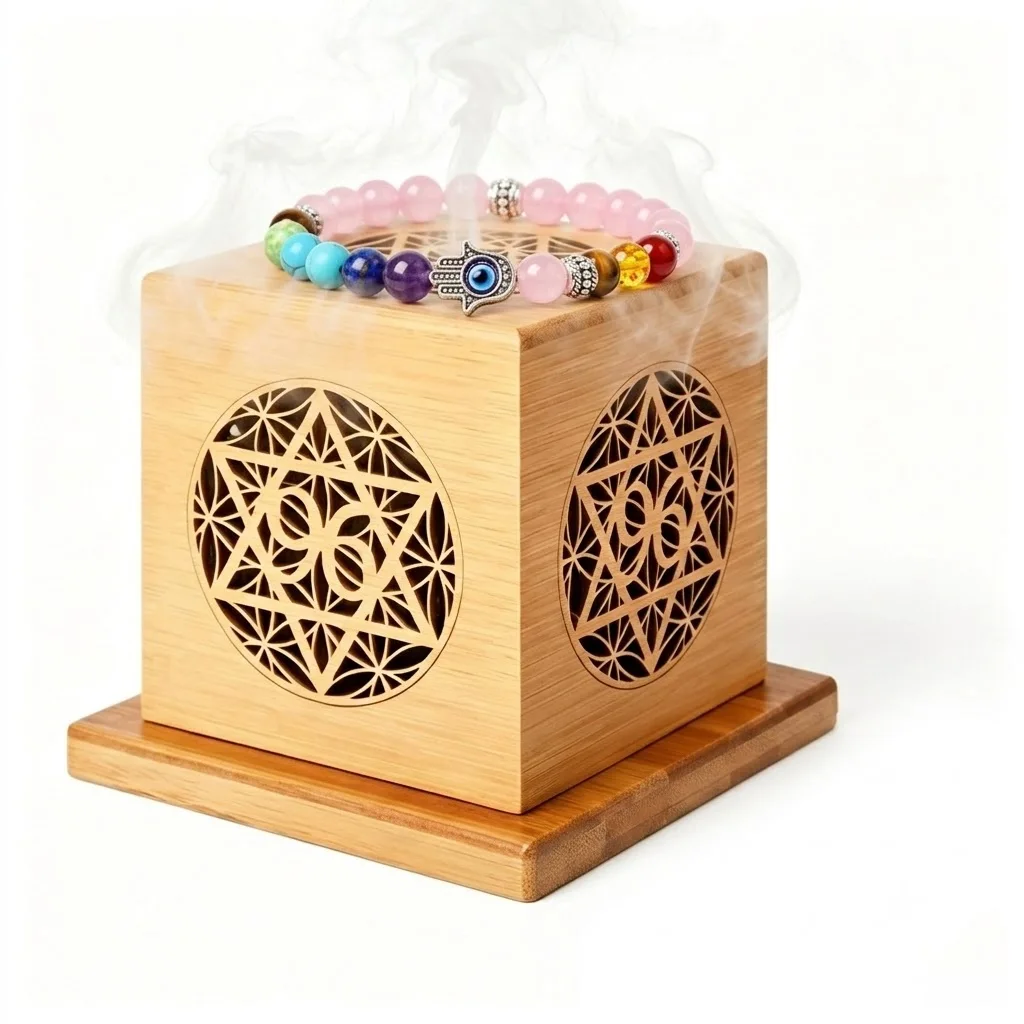 Wooden Incense Burner Box Sage Smudge Holder Sacred Geometry Mandala Hexagram Hamsa Crystal Cleansing Box Meditation Home Decor
