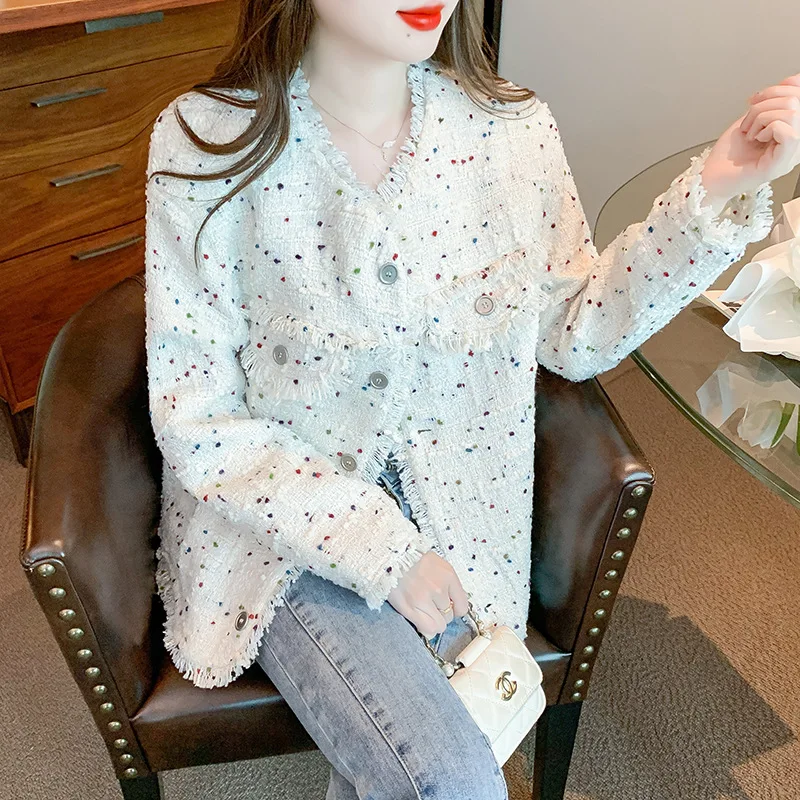 Veste en tweed à pois de couleur blanche pour femme, haut à manches longues, style petit parfum, nouveau, automne, hiver, 2025