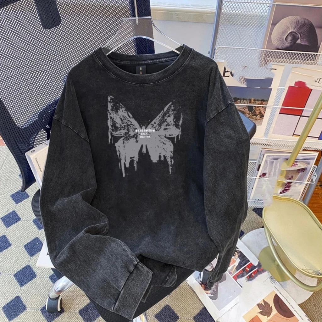 Faionable Loose Long Sve round Ne T-irt Cotton Casual Sle Worn-In Look Women's Autumn Top Printed Loose Top