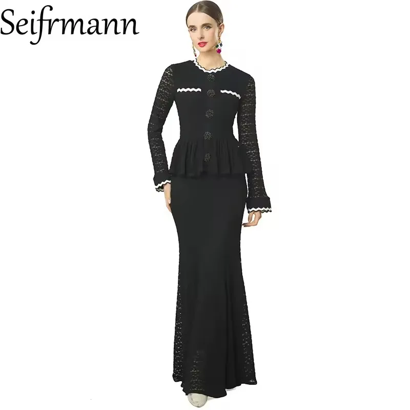 Seifrmann Stitched wavy edge contrasting color fishtail dress round neck long sleeve waist dress 2026 summer Women's New Style