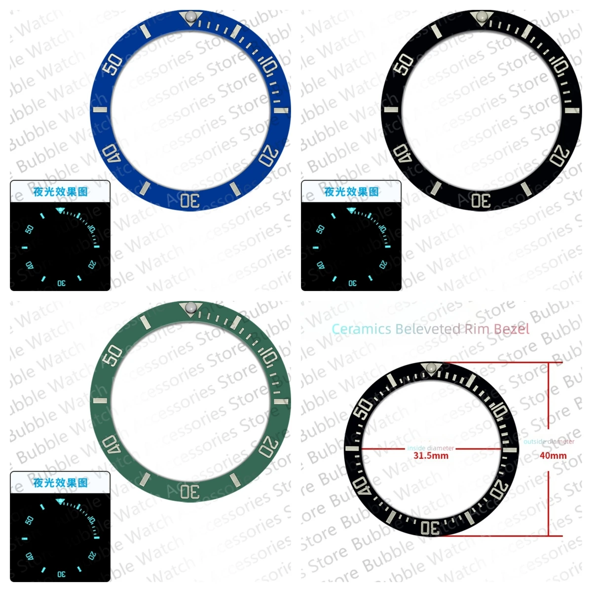 

40mm*31.5mm Blue Black Green Ceramics With Blue Luminous Bezel Insert Fit For Rlx Sub Mechanical Wristwatch