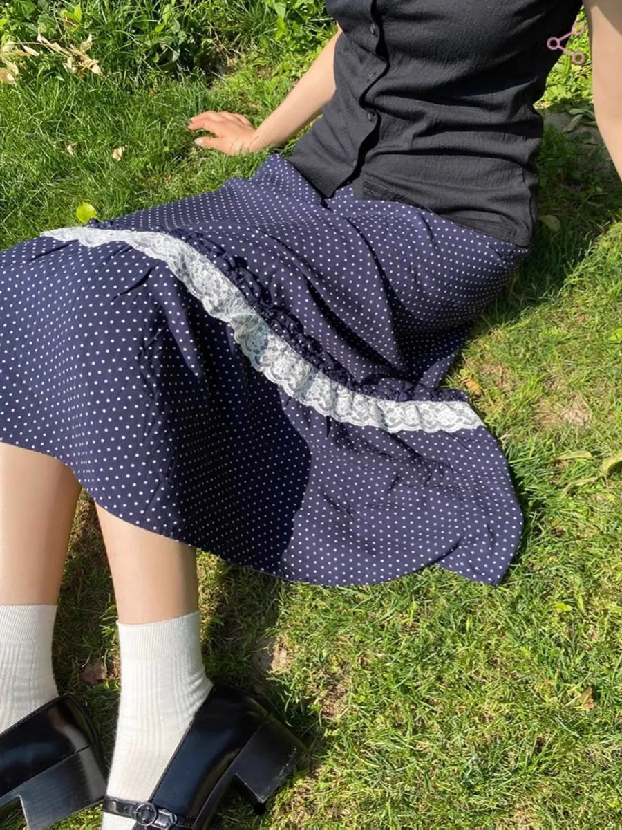

Navy Polka Dot Midi Skirt Women Summer Casual Lace Ruffles Patchwork A-line Long Faldas Female Sweet Vintage Preppy Style Skirts
