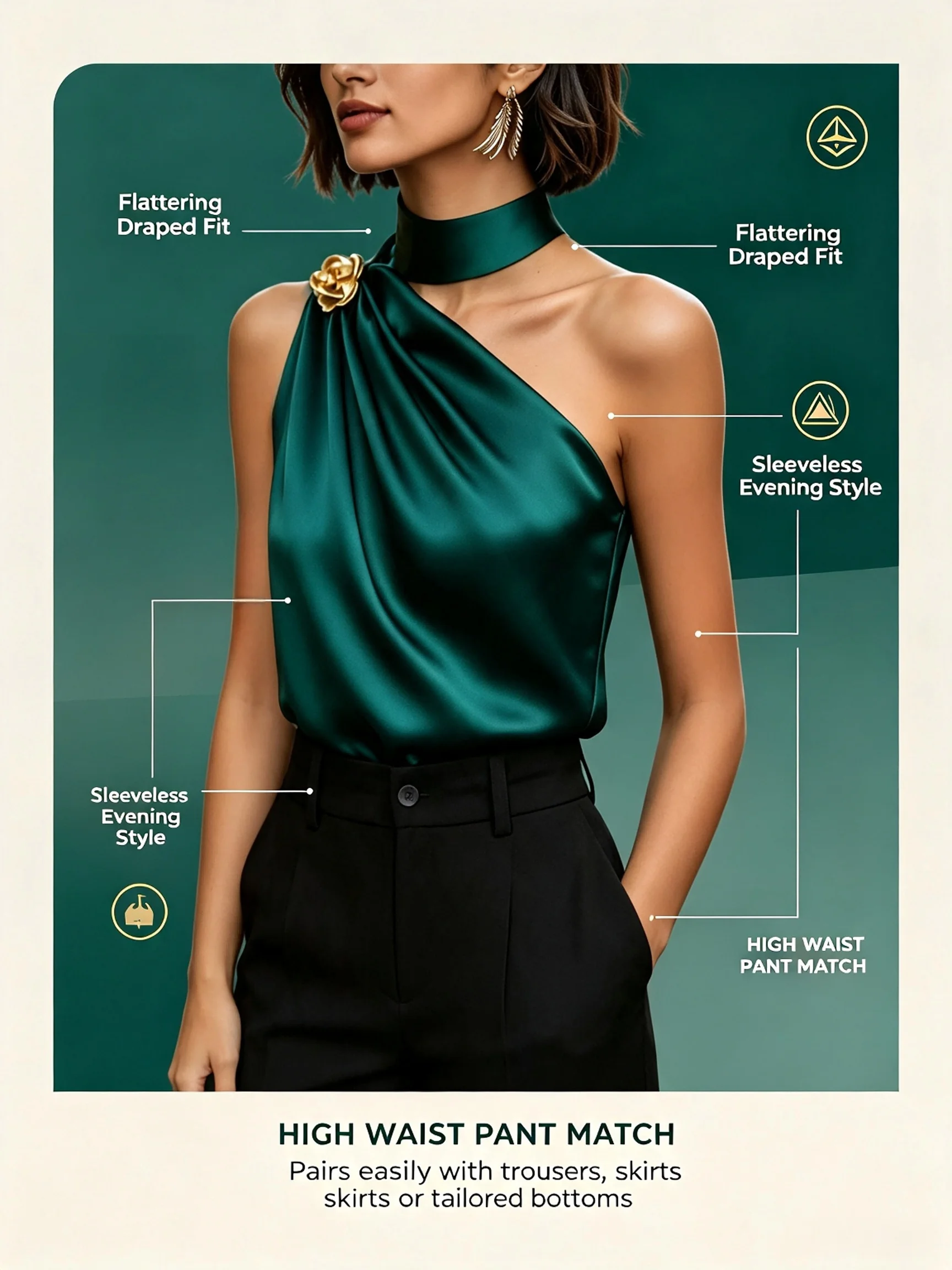 Smaragdgrünes Satin-Neckholder-Top mit einer Schulter für Damen, Elegante Goldrosen-Brosche, Drapierte Ärmellose Bluse, Party- und Abendhemd – Detail 5