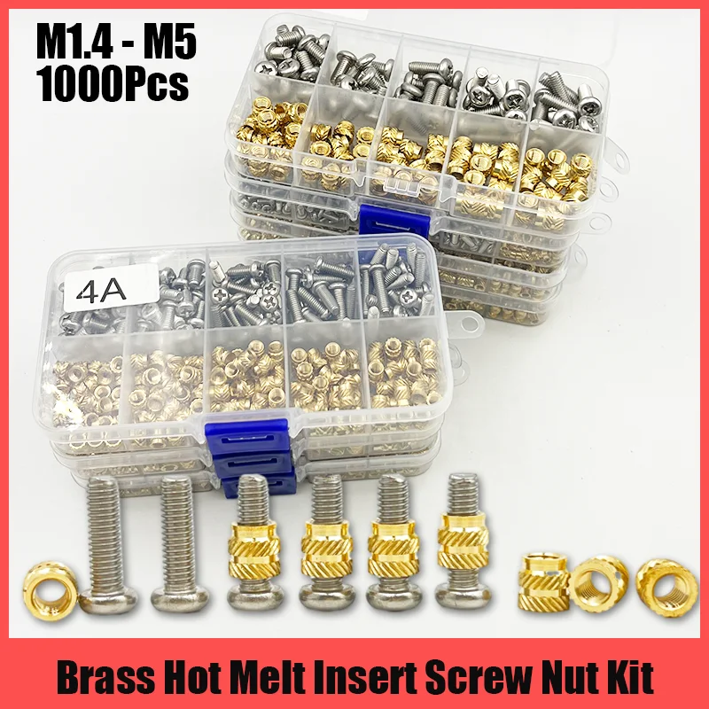 M1.4 M1.6 M2 M2.5 M3 M4 M5 Brass Hot Melt Insert Nut and A2 Stainless Steel Screw Kit Thread Knurled Embedment Copper Nut For 3D