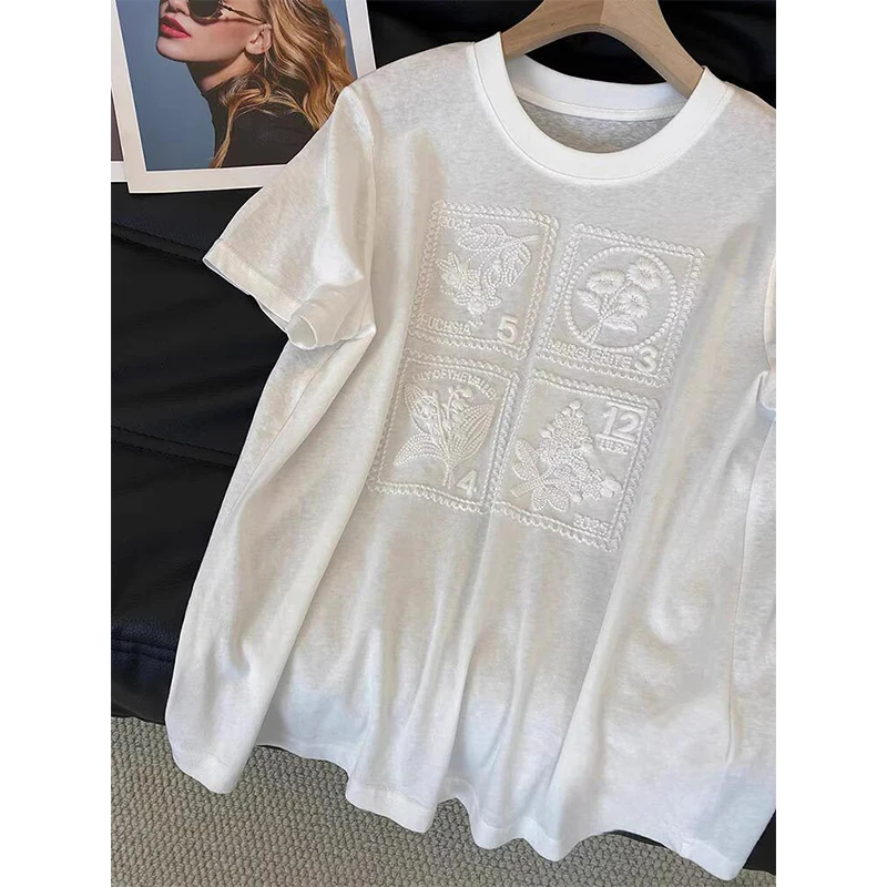 Summer Short Sleeve T-Shirt Embroidered Relief Loose Base Layer Top Women's Fashion Sun Protection Cotton Breathable round Neck