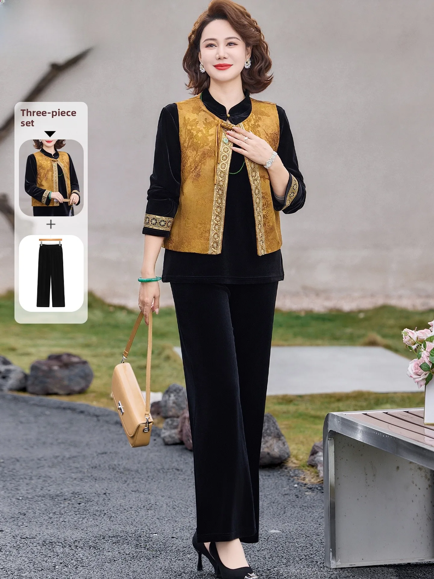 

New 2026 Gold Velvet Tee-Piece Set for Mom Spring Faion Middle-Aged And ly Women Traditional Chinese Sle Top And Vest