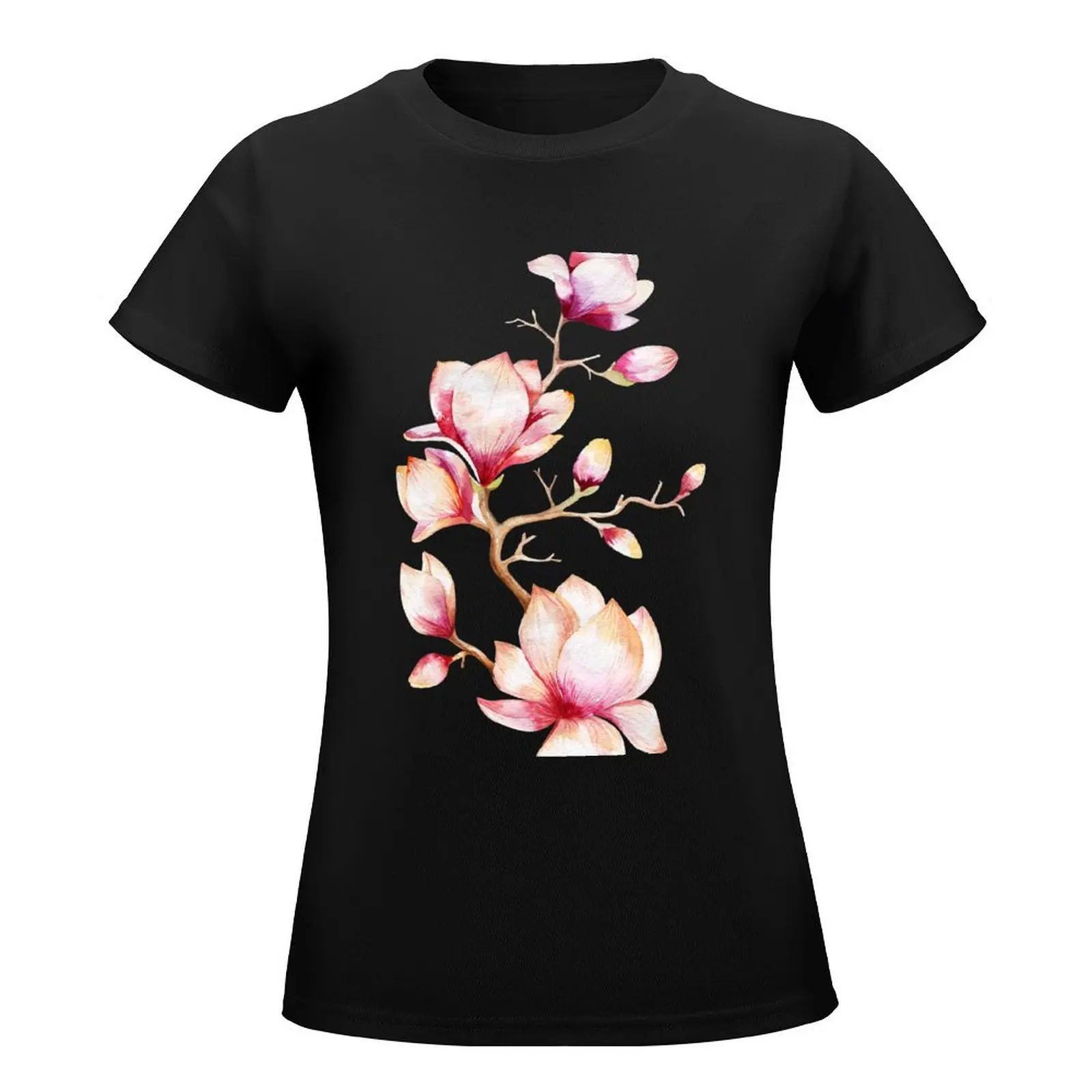 Pink Watercolor Magnolia Illustration T-Shirt Short sleeve tee hippie clothes aesthetic clothes new edition t shirts for Women