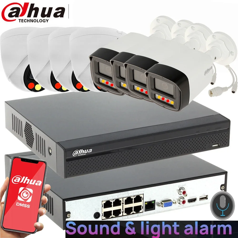 Mutil language dahua 8ch POE NVR kit with full color 4MP POE IP camera IPC-HFW2449TL-S-PV IPC-HDW2449T-S-PV sound alarm kit