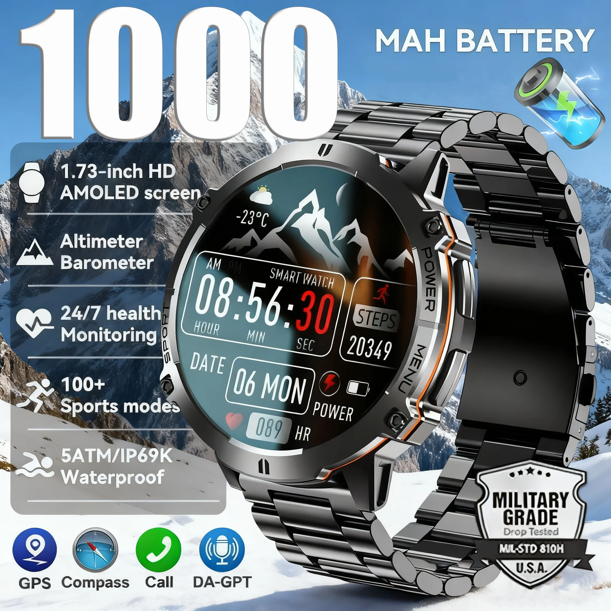 

2025 New Men GPS Sports Smart Watch 1.73'' AMOLED Compass Heart Rate 1000mAh Battery Bluetooth Call 10ATM Waterproof Smartwatch