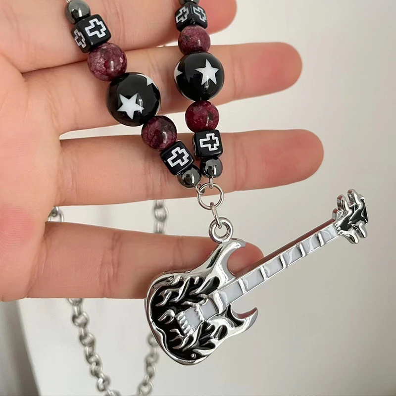 Punk Rock Dark Flame Guitar Necklaces for Women Y2K Spice Girls Subculture Pentagram Necklace Party Jewellery Gifts