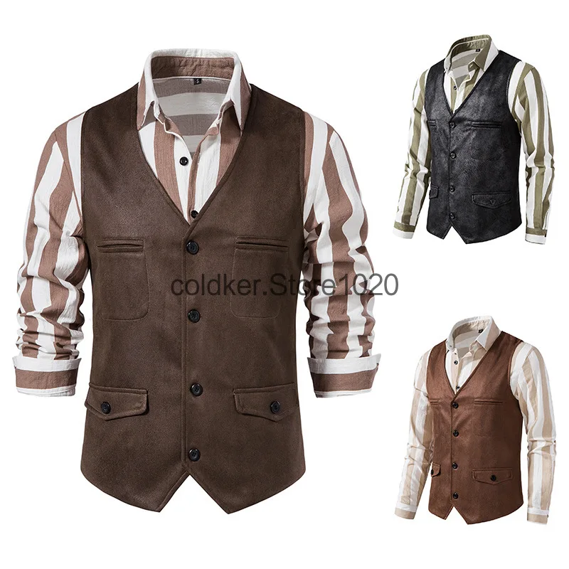 West Cowboy Vest Male Medieval Retro Vest for Men Black Khaki Dark Brown Men\'s Vest for Wedding