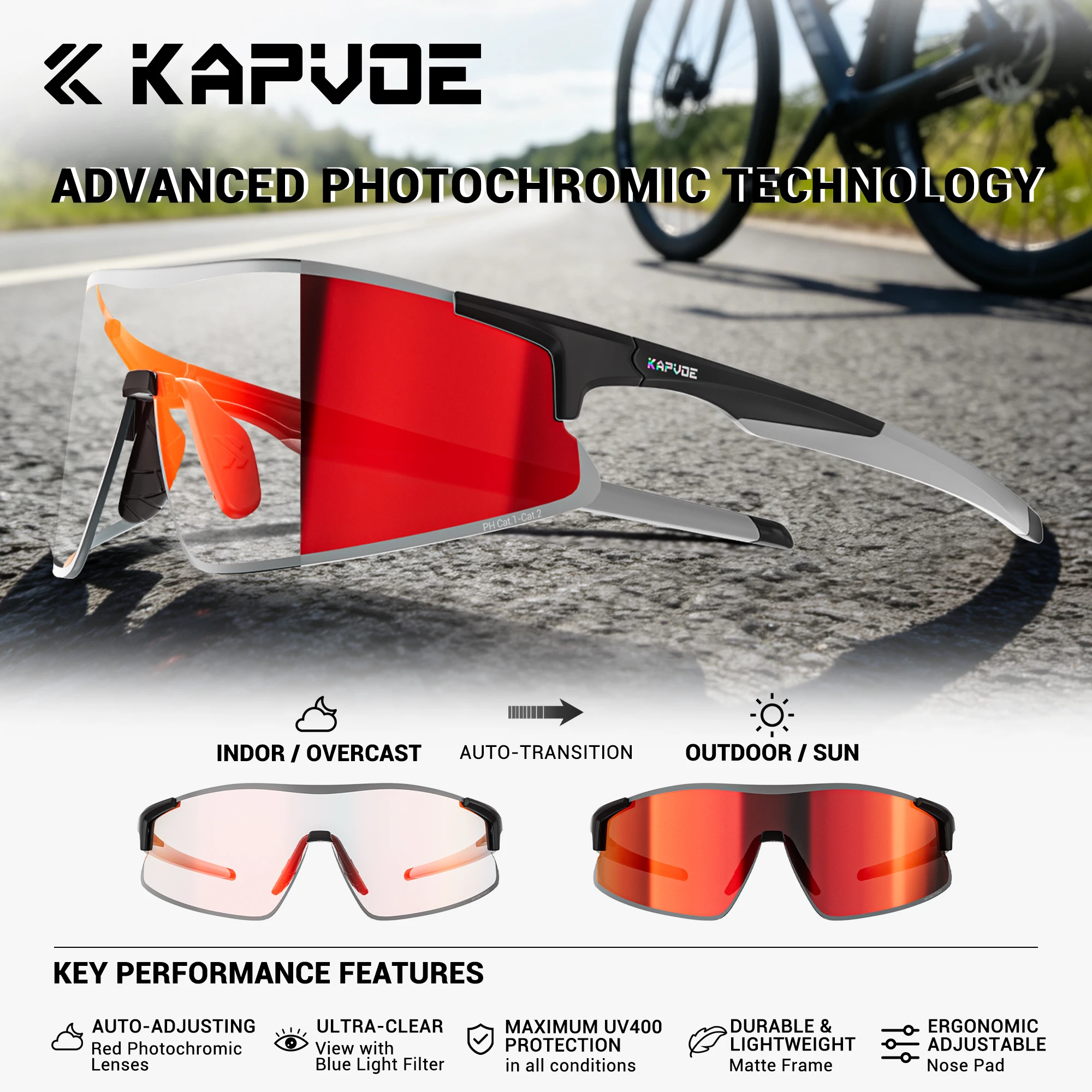 Kapvoe Photochrome Laufsonnenbrille für Männer und Frauen, Ultraleichte Brille für Marathon, Outdoor-Sport, Radfahren, Wandern, Fahrrad, UV400-Schutzbrille