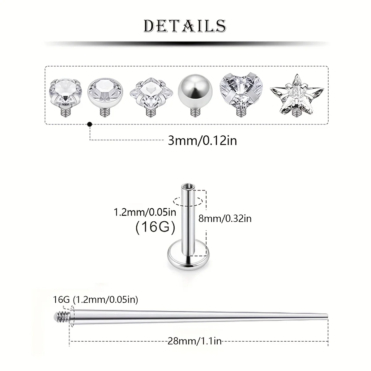 13pcs 16G Lip Labret Studs Internally Threaded Surgical Stainless Steel Flat Back Catilage Tragus Helix Daith Earrings Piercings