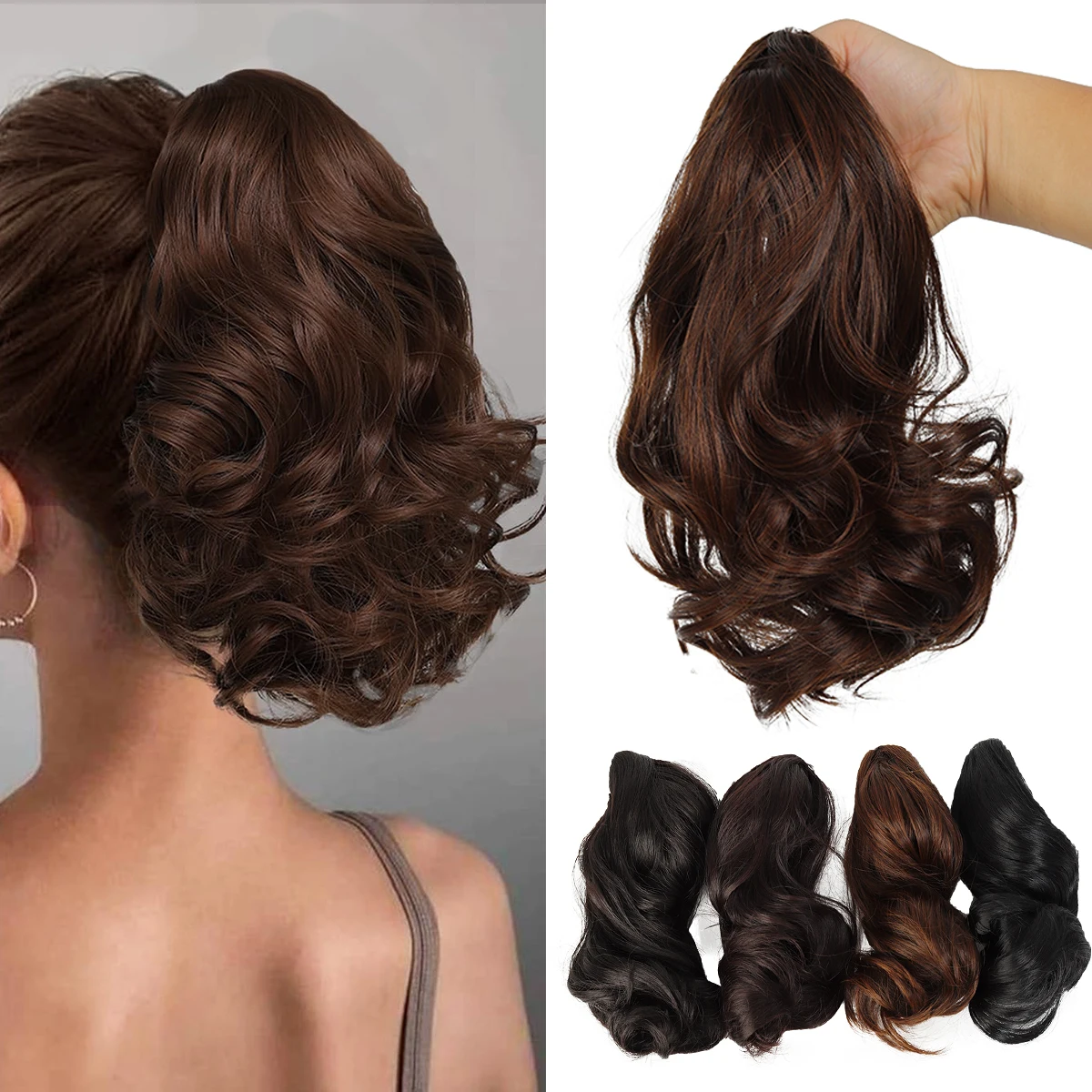 

Синтетический парик с хвостиком, женский парик с наращиванием хвоста, коричневый и черный, короткий вьющийся волнистый термостойкий парик